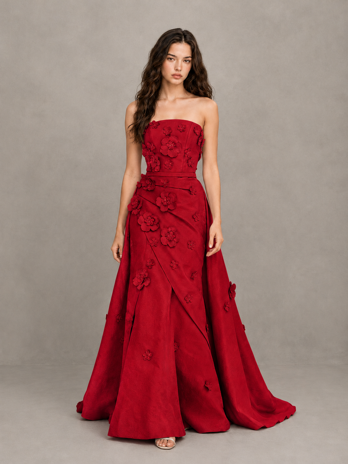 BOLODOO Red Strapless 3D Floral Applique Prom Gown with Draped Skirt - Red - Red(1)