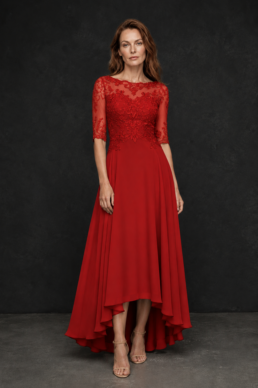 BOLODOO Red Illusion Lace 3/4 Sleeve Hi-Lo Chiffon A-Line Dress | Mother of the Bride Tea Length Dress - Red