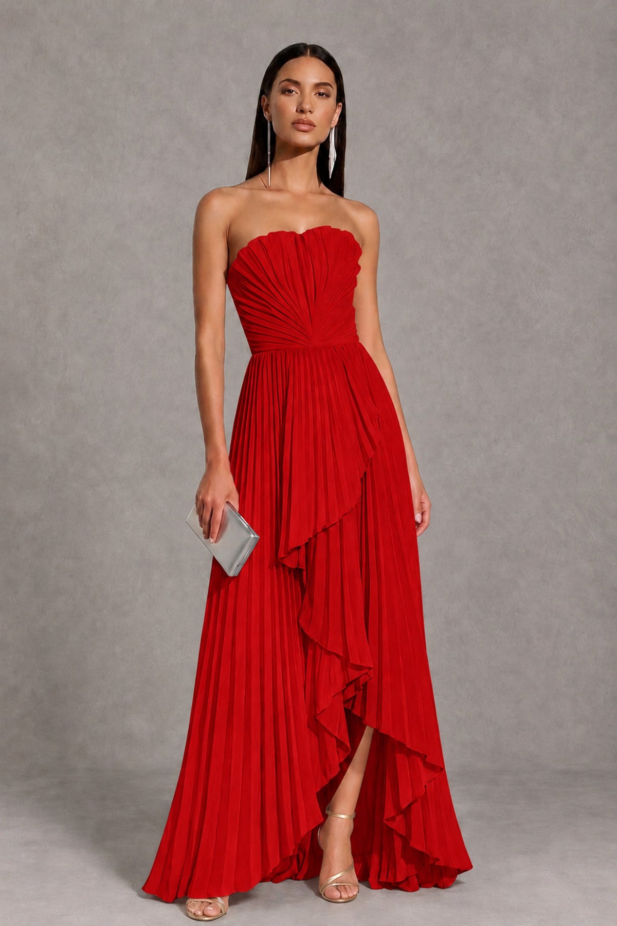 Red Strapless Pleated High-Low Evening Gown with Ruffle Hem - Red - Red_1