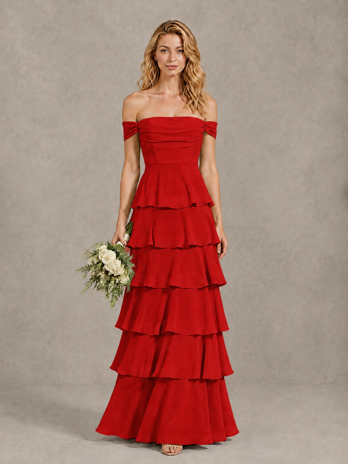 BOLODOO Red Off-Shoulder Tiered Ruffle Bridesmaid Dress with Lace-Up Back - Red - Red_1