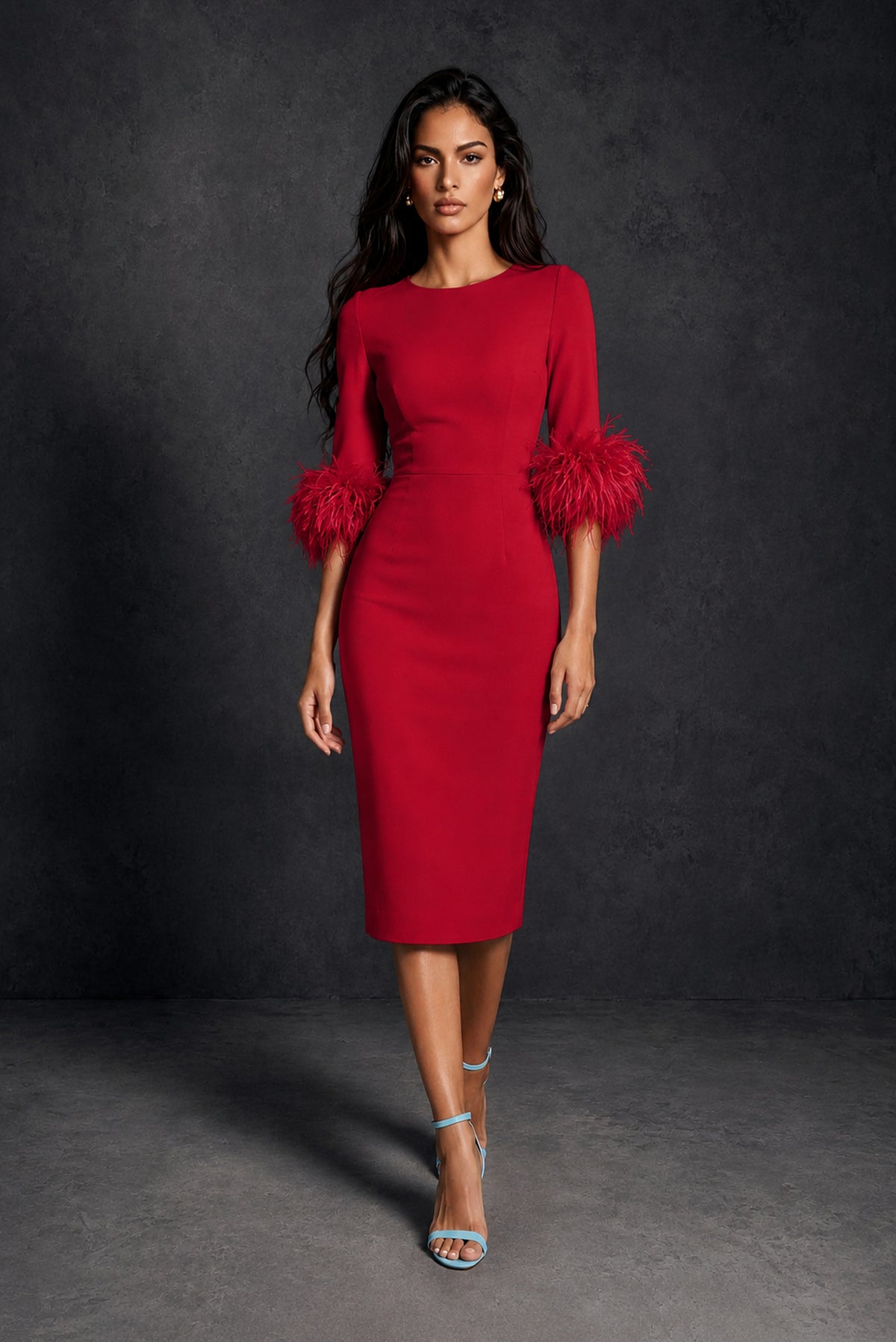 BOLODOO Red Ostrich Feather Cuff 3/4 Sleeve Round Neck Bodycon Midi Dress with Back Slit - Red
