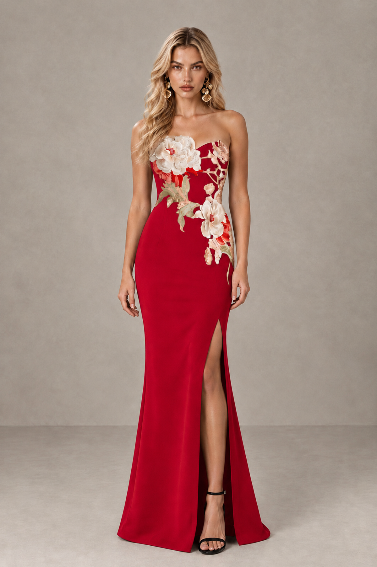 BOLODOO Red Strapless Floral Mermaid Evening Dress with Slit - Red - Red_1