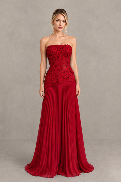 BOLODOO Red Strapless Floral Applique Pleated Evening Dress - Red - Red_1