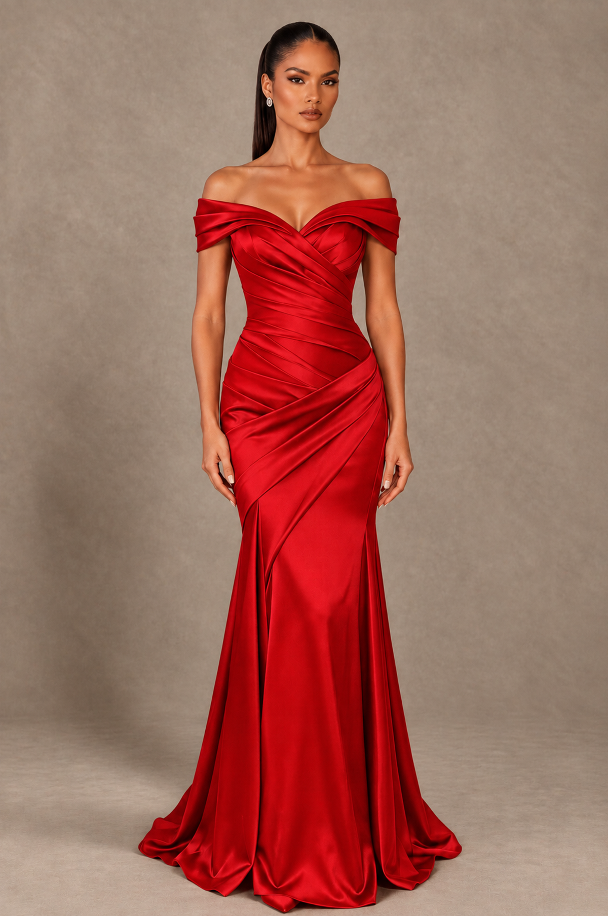 BOLODOO Red Off-the-Shoulder Ruched Satin Mermaid Evening Dress - Red - Red_1