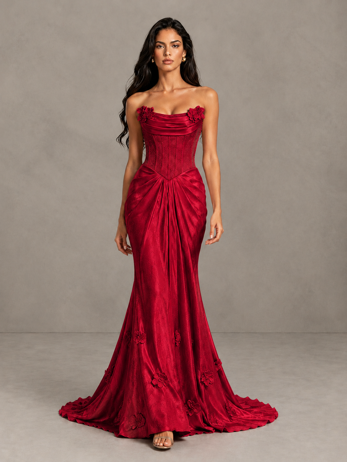 BOLODOO Red Strapless Floral Corset Evening Gown with Train - Red - Red_1
