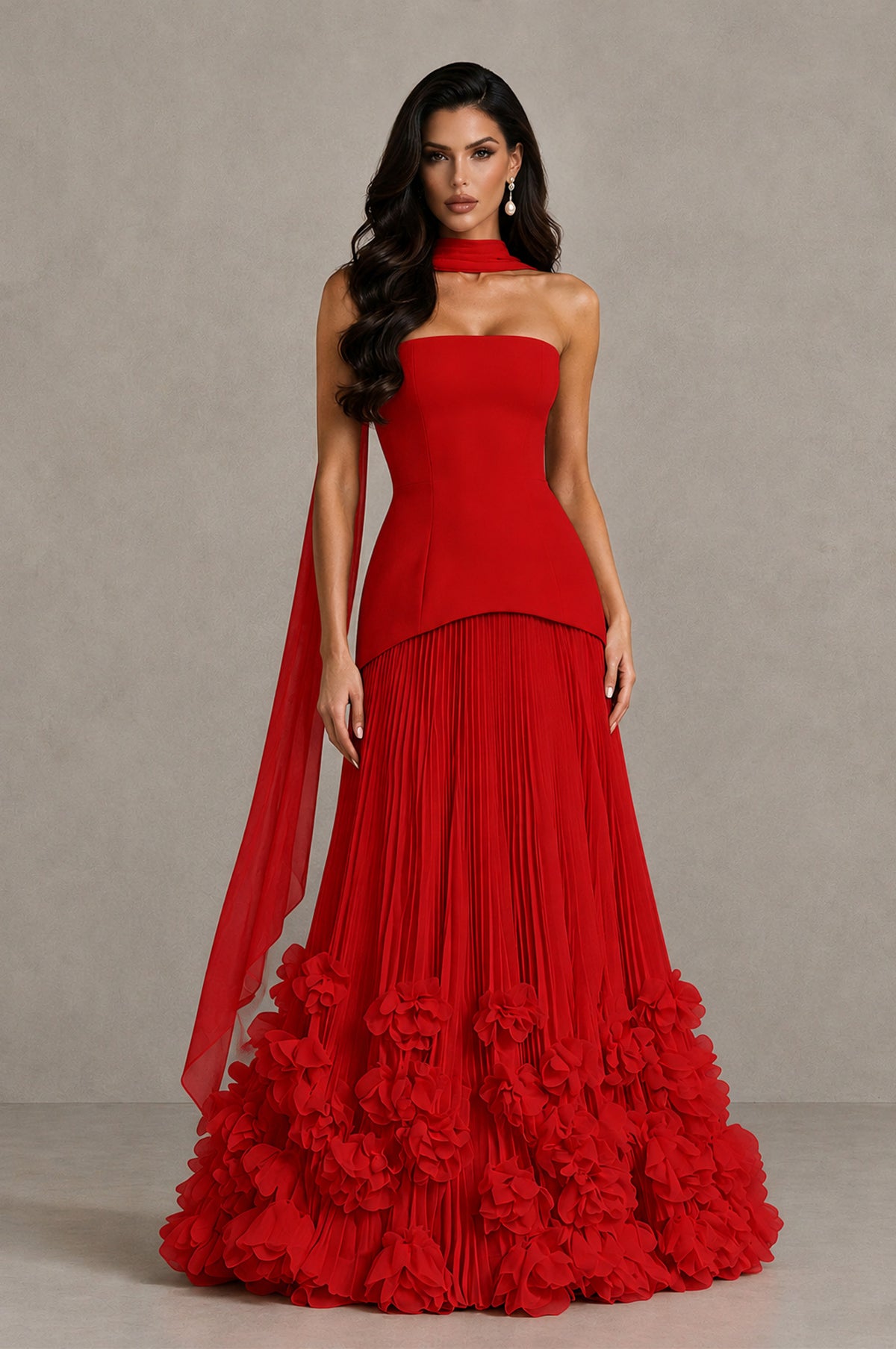 BOLODOO Red Strapless Pleated Floral Hem Evening Gown - Red - Red_1