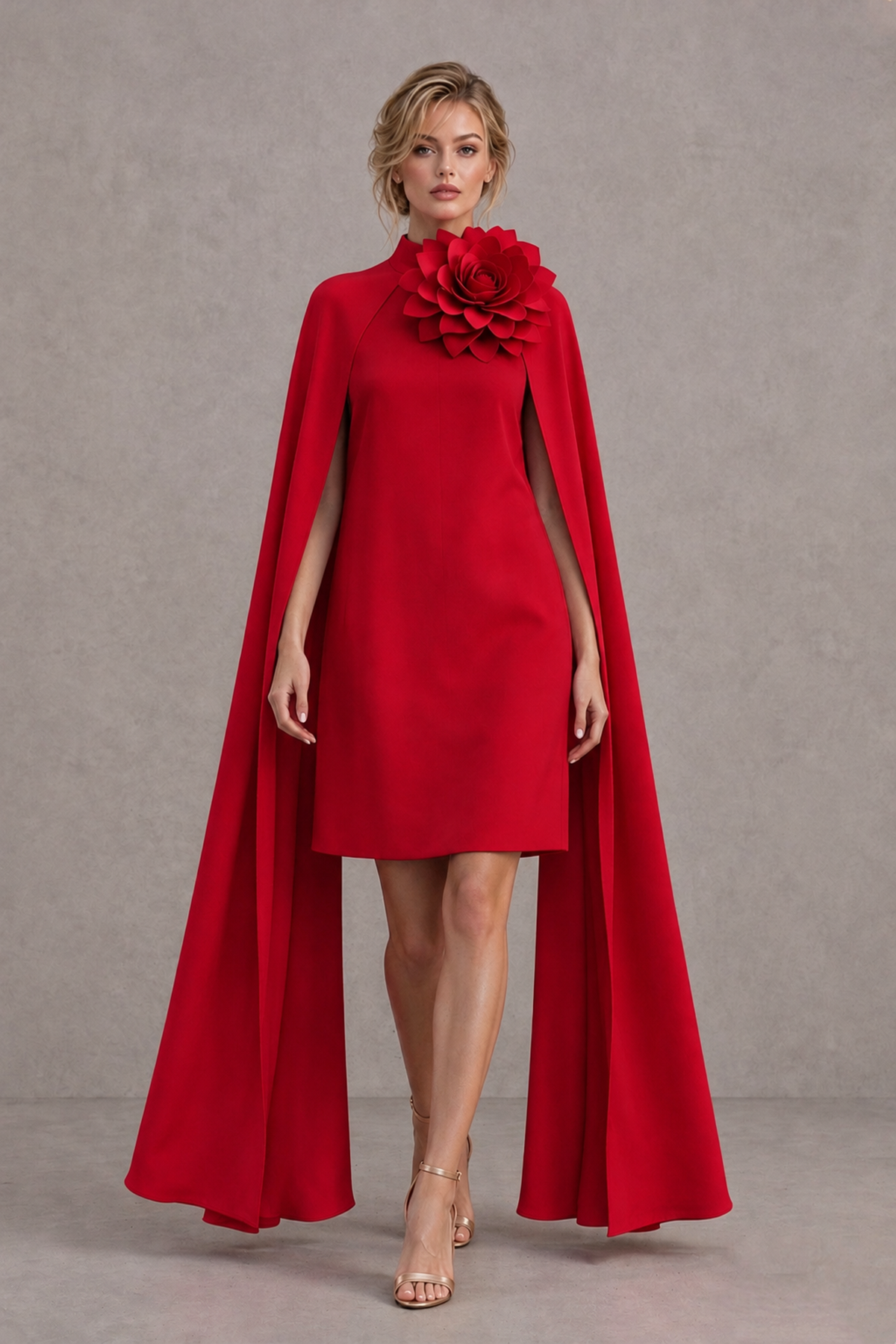 BOLODOO Red High Neck Floral Cape Mini Cocktail Dress - Red - Red_1