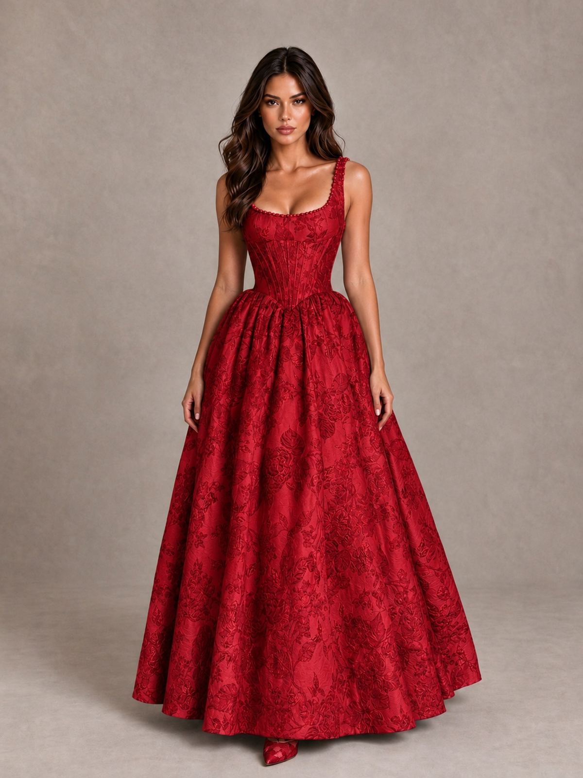 BOLODOO Red Floral Corset A-Line Prom Dress with Lace-Up Back - Red - Red_1