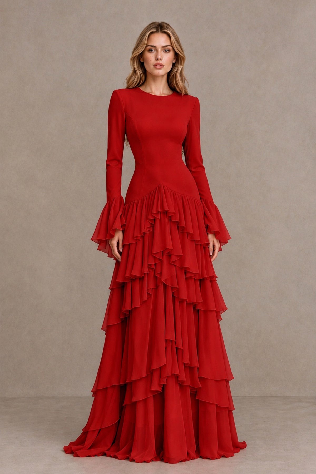 Red Long Sleeve Tiered Ruffle Evening Gown - Red - Red_1