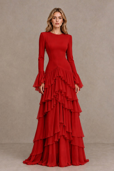 Red Long Sleeve Tiered Ruffle Evening Gown - Red - Red_1