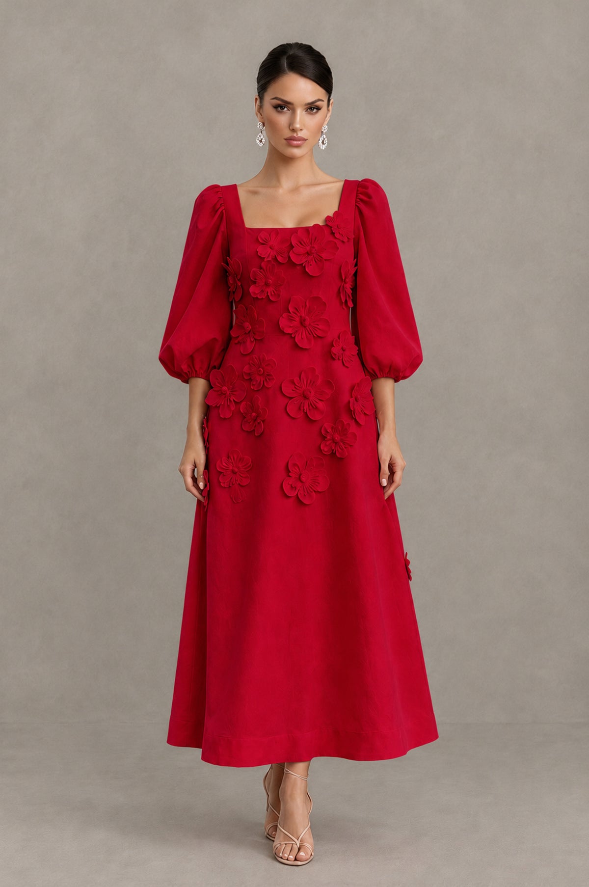 BOLODOO Red 3D Floral Puff Sleeve Midi Cocktail Dress - Red - Red_1