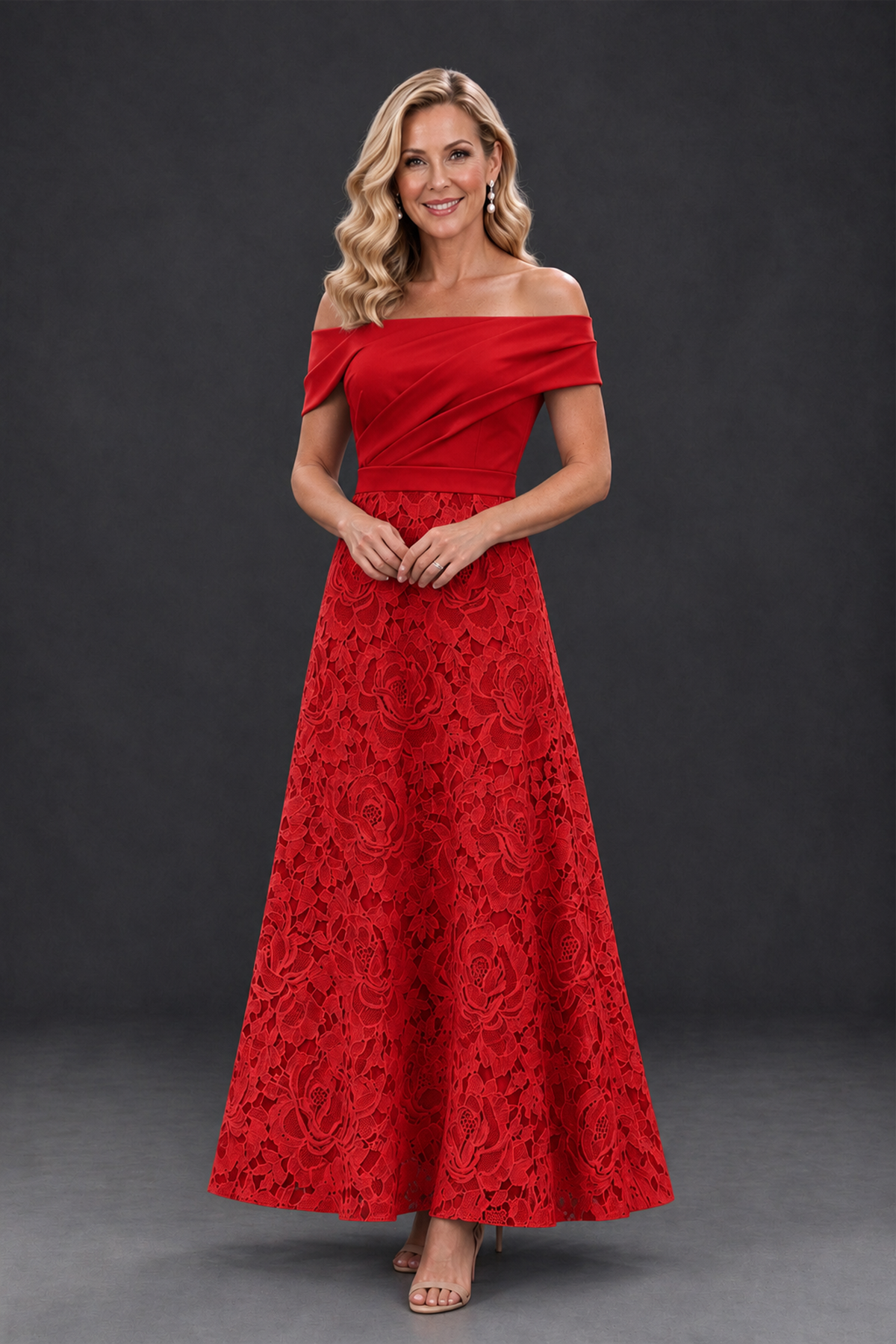BOLODOO Red Off-the-Shoulder Floral A-Line Mother of the Bride Dress - Red - Red_1