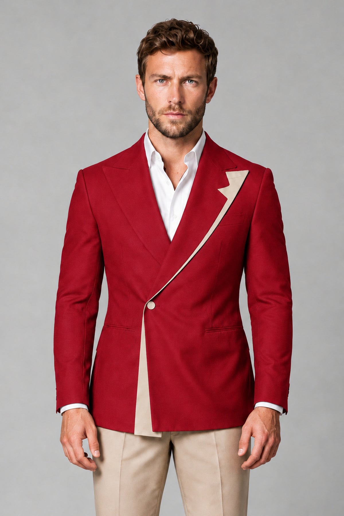 BOLODOO Men's Red Double-Breasted Blazer & Khaki Trousers Tuxedo 2-Piece Suit Set - Red - Red_1