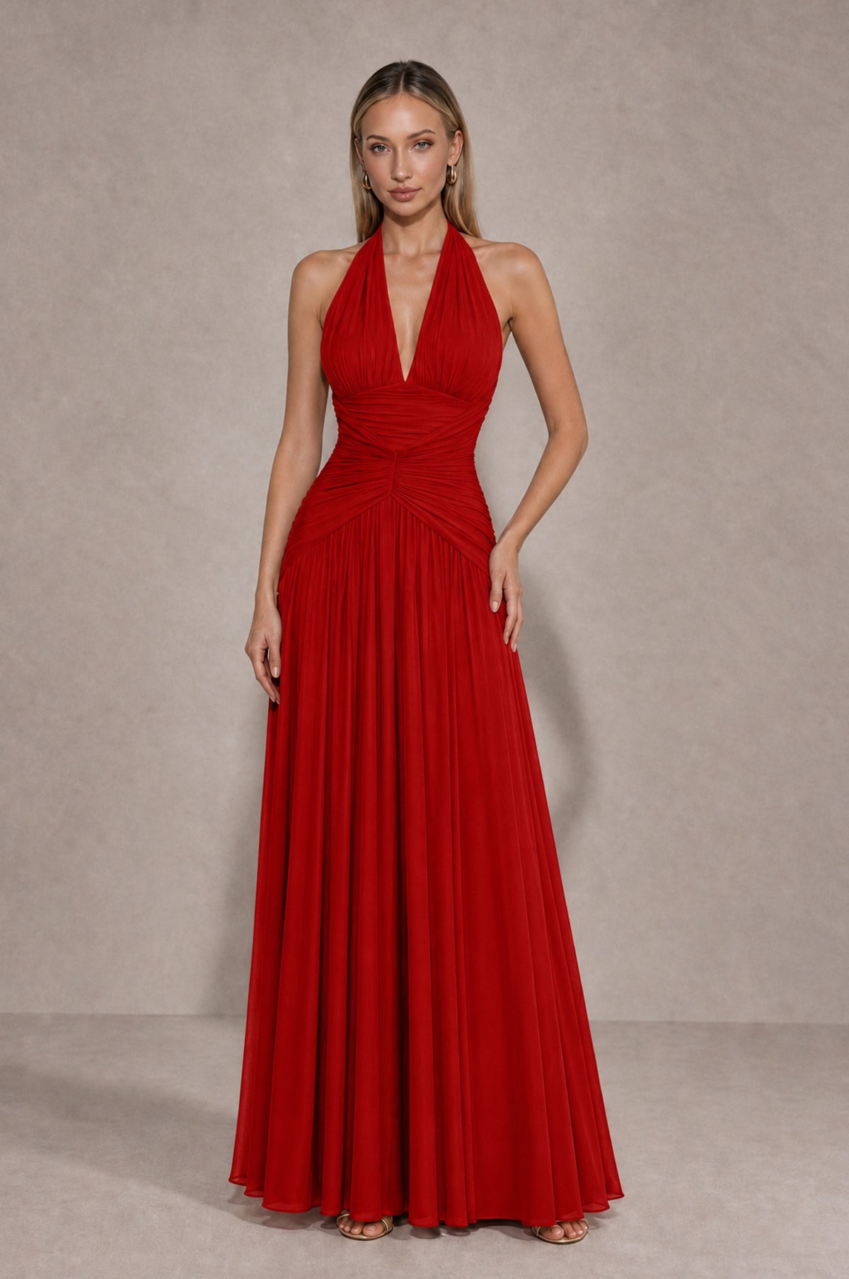 BOLODOO Red Chiffon Halter Deep V-Neck Ruched A-Line Backless Maxi Dress with Train-BD0167 - Red - Red_1