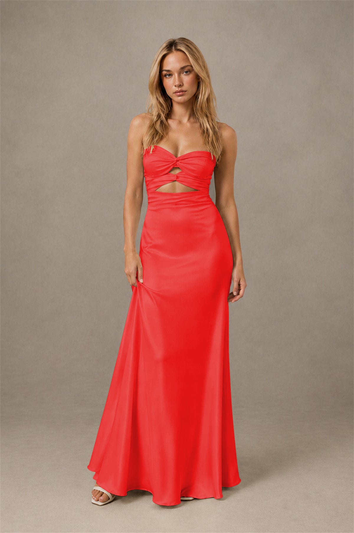 BOLODOO Red Sweetheart Strapless Twist Knot Cutout Lace-Up Back Satin Mermaid Maxi Dress - Red - Red(1)