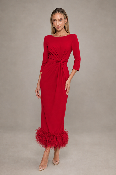 BOLODOO Red Feather-Trim Twist-Waist Midi Dress - Red - Red_1
