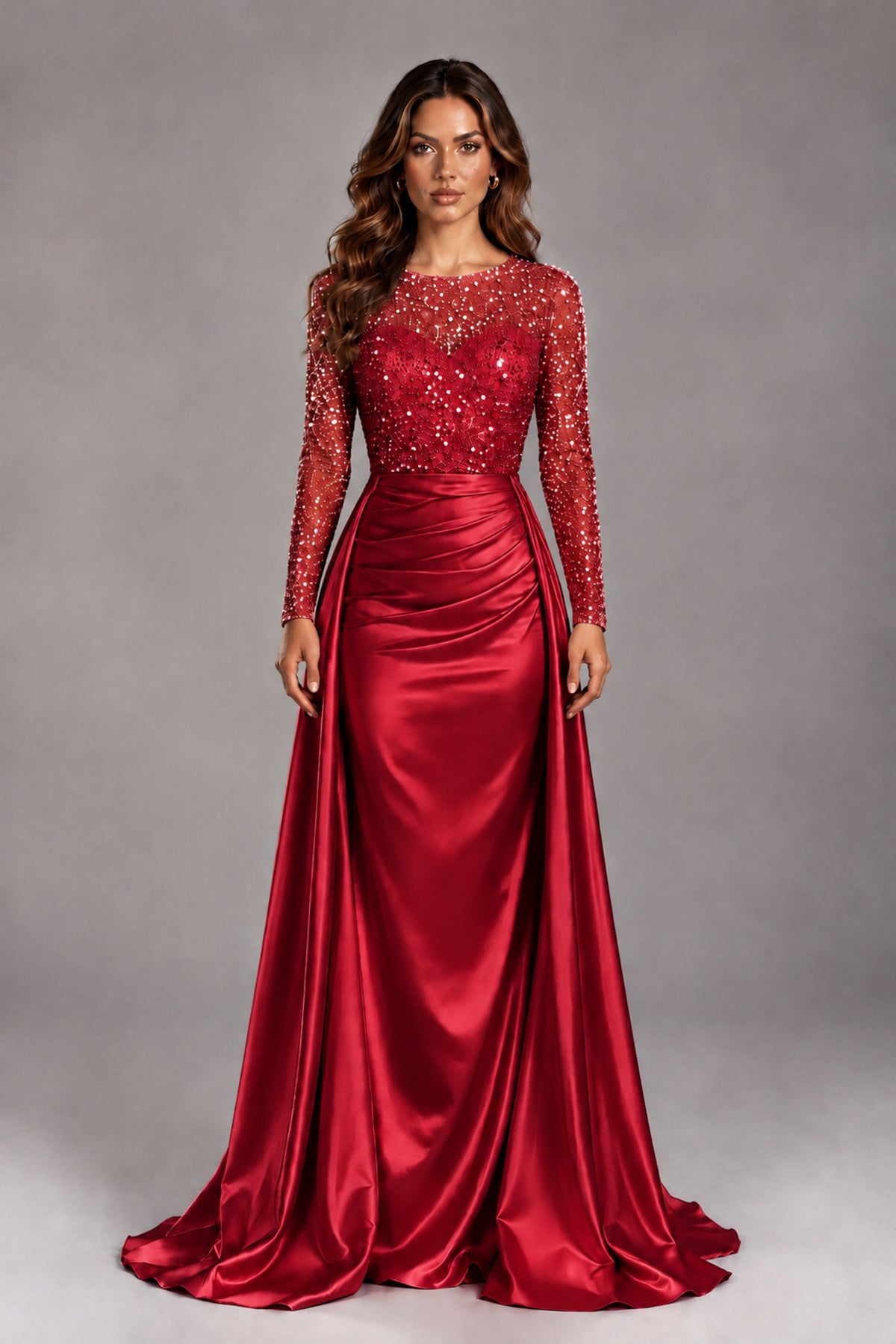 BOLODOO Red Long Sleeve Embellished Satin Evening Gown with Sweep Train - Red - Red_1