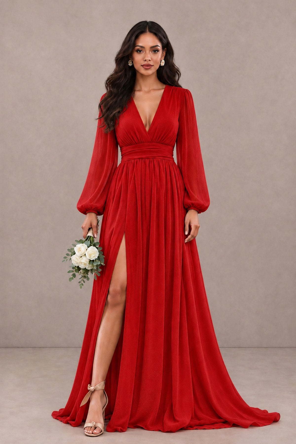 BOLODOO Red Long Sleeve V-Neck A-Line Gown with Open Back & Slit - Red - Red_1