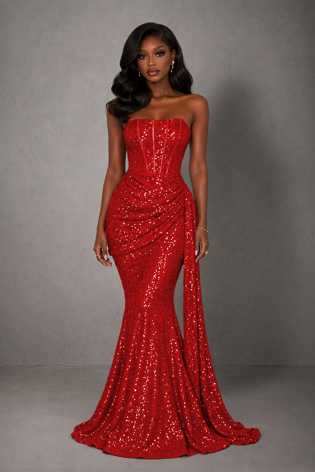 BOLODOO Red Sequin Strapless Corset Mermaid Evening Gown with Train - Red