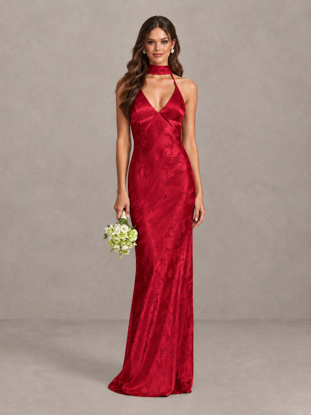 BOLODOO Red Floral Satin Open-Back Bridesmaid Dress - Red - Red_1