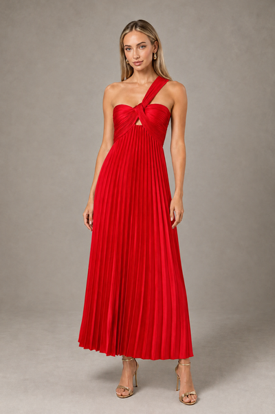 BOLODOO Red One-Shoulder Twist Knot Pleated Satin Midi Dress with Cutout - Red - Red_1