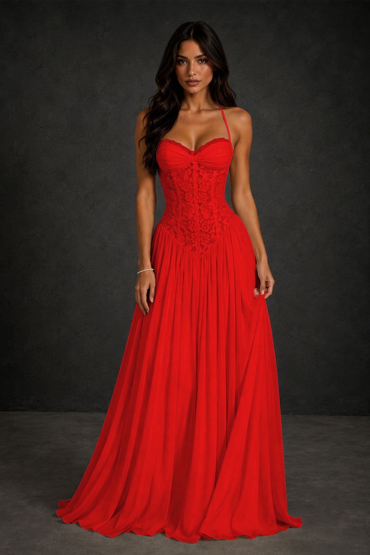 BOLODOO Red Lace Corset Halter Maxi Gown – Backless A-Line Formal Dress - Red