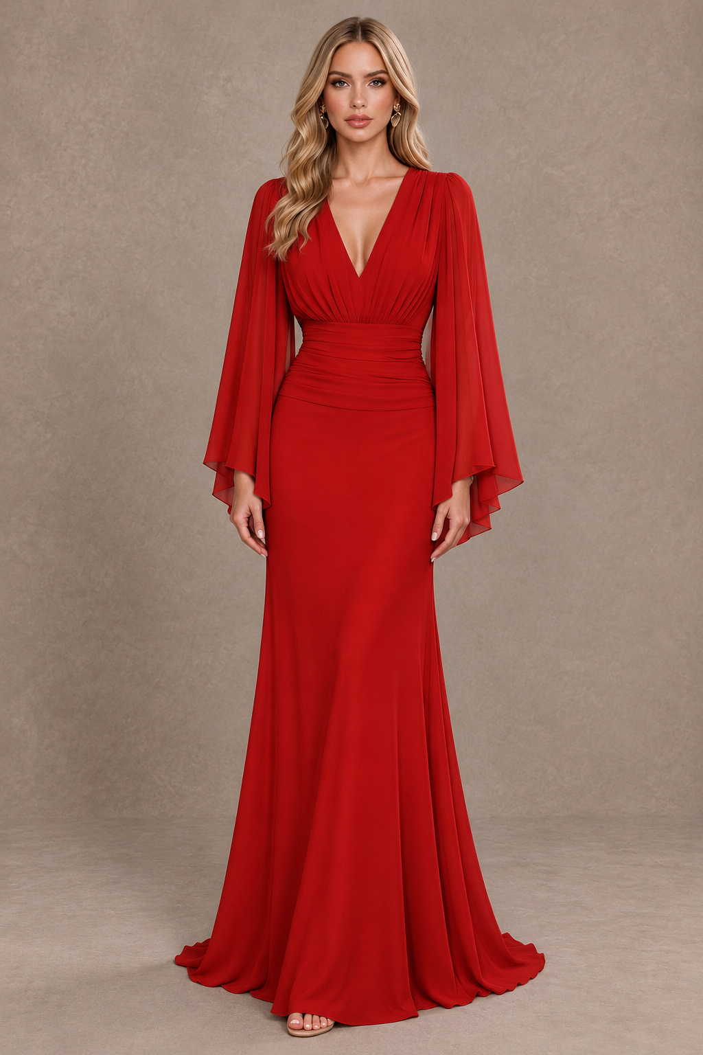 BOLODOO Red Cape Sleeve V-Neck Ruched Chiffon Evening Dress - Red - Red_1