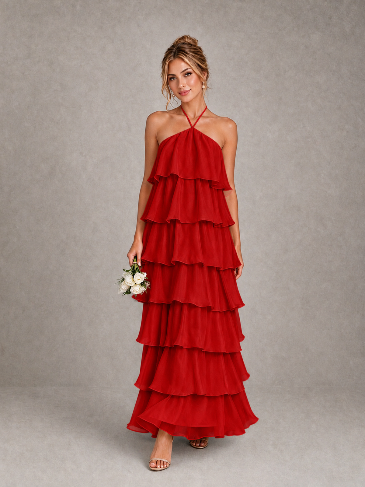 BOLODOO Red Halter Tiered Ruffle Maxi Bridesmaid Dress - Red - Red_1