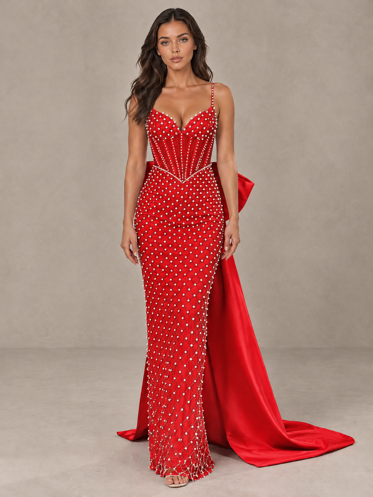 BOLODOO Red Beaded Corset Prom Dress with Bow Train - Red - Red_1