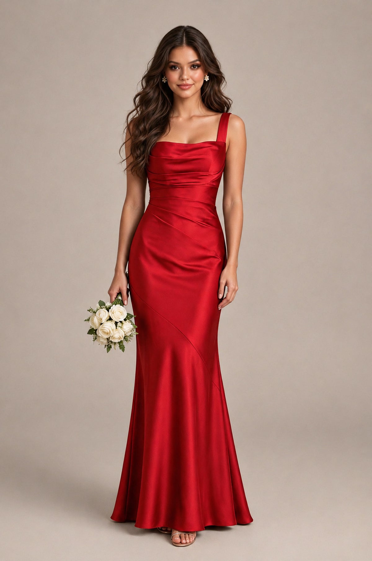 BOLODOO Red Square Neck Ruched Satin Lace-Up Bridesmaid Dress - Red - Red_1