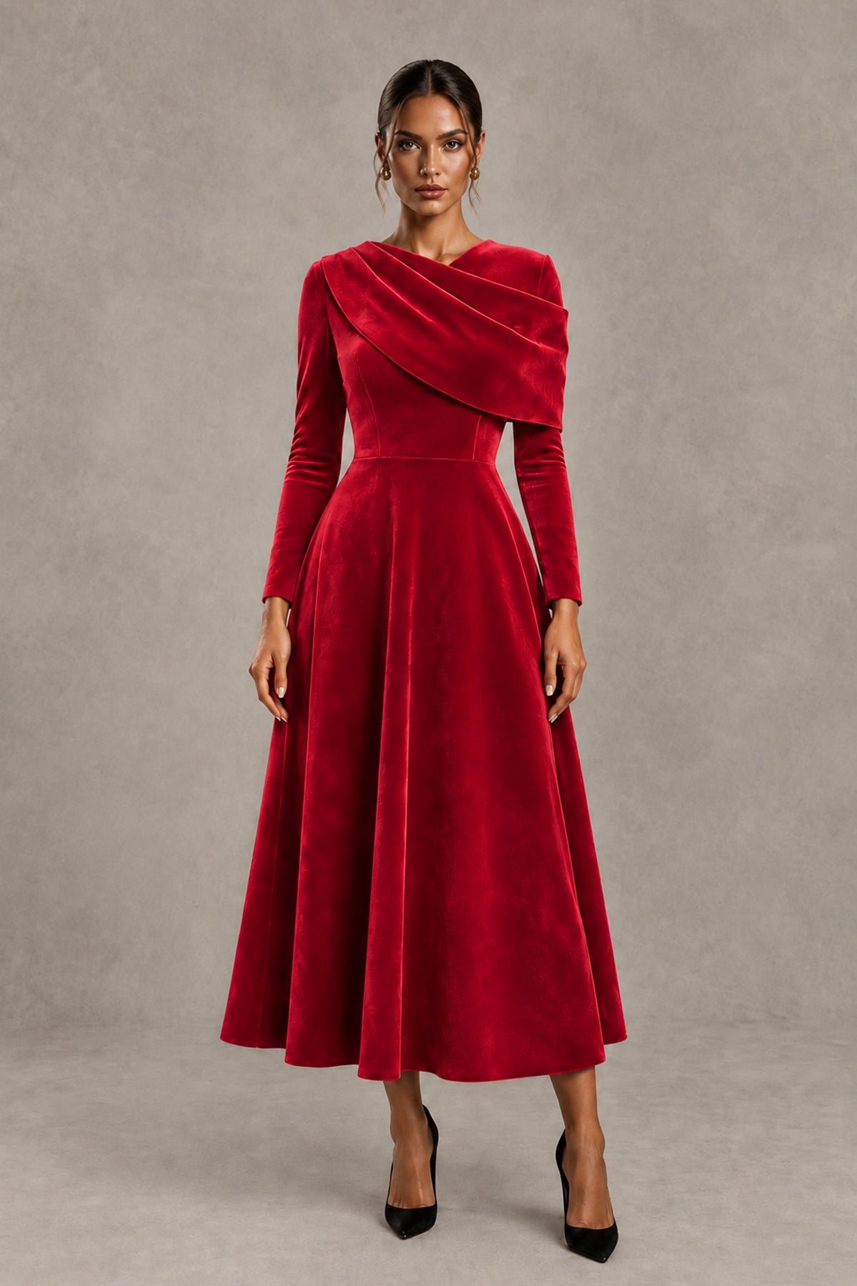 BOLODOO Red Velvet-Look Long Sleeve Tea-Length A-Line Dress with Draped Neckline - Red - Red_1