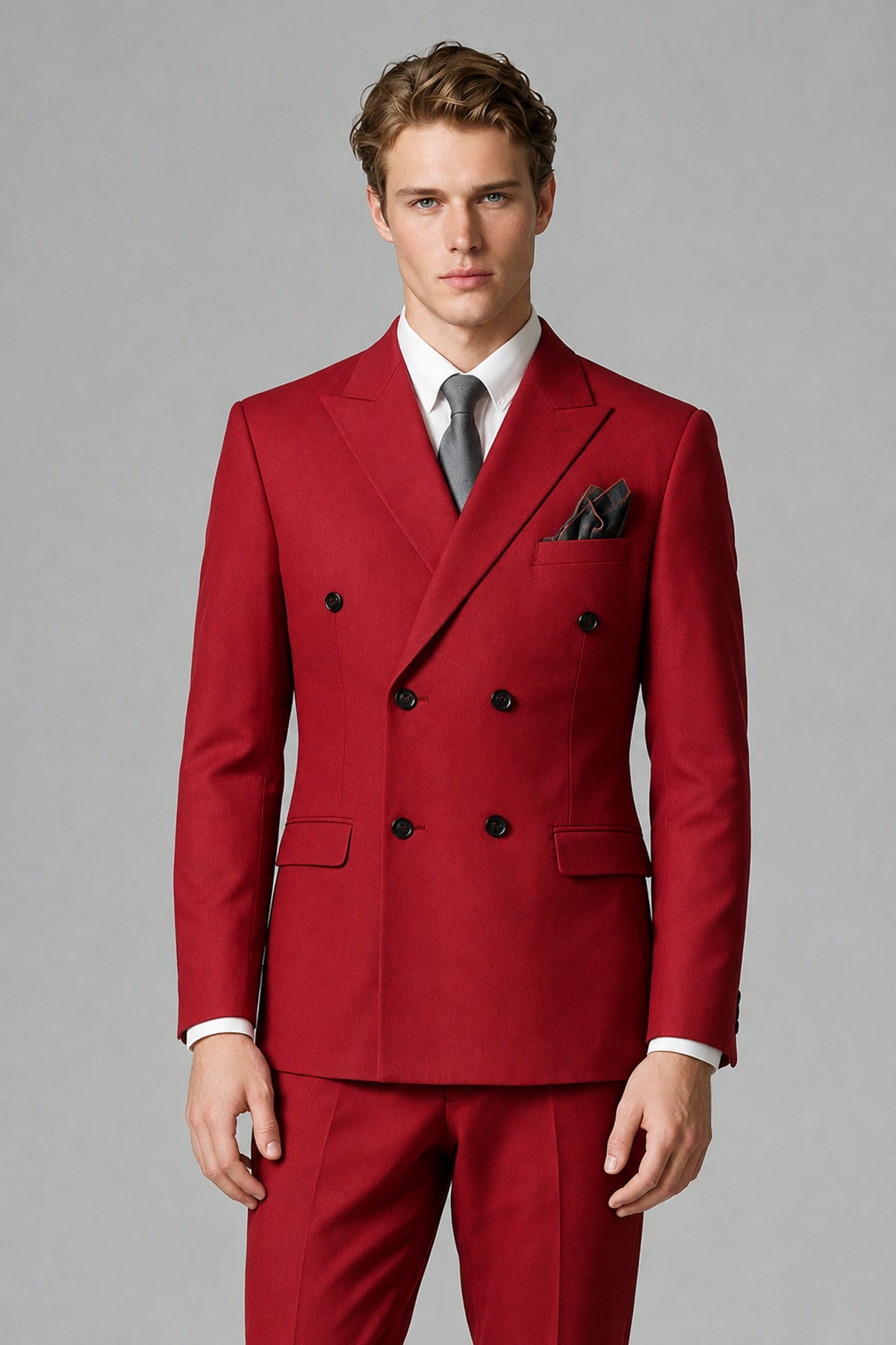 Bolodoo Men's Red Double-Breasted Two-Piece Suit with Peak Lapels - Red - Red_1