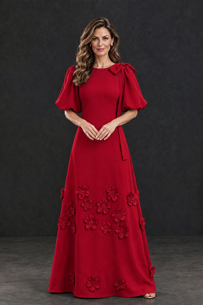 BOLODOO Red Floral Applique Puff Sleeve Mother of the Bride Dress - Red - Red_1