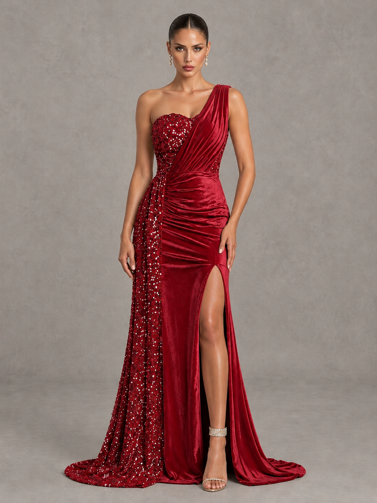 BOLODOO Red One-Shoulder Satin Sequin Gown with High Slit - Red - Red_1
