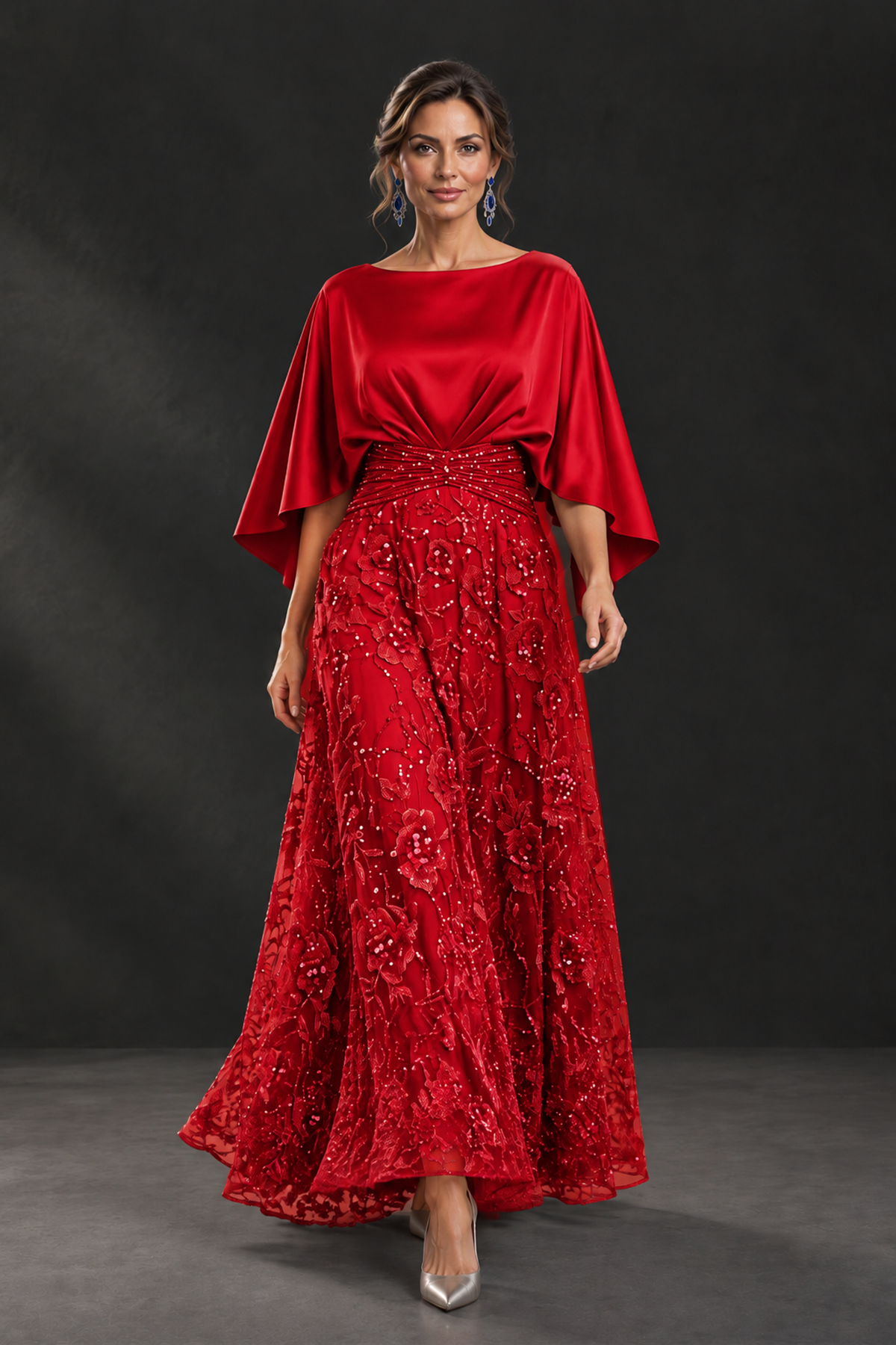 BOLODOO Red Cape Sleeve Floral Mother of the Bride Dress - Red - Red_1