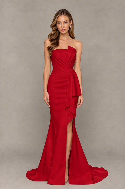 BOLODOO Red Strapless Mermaid Evening Dress with Ruffle Slit and Train - Red - Red_1