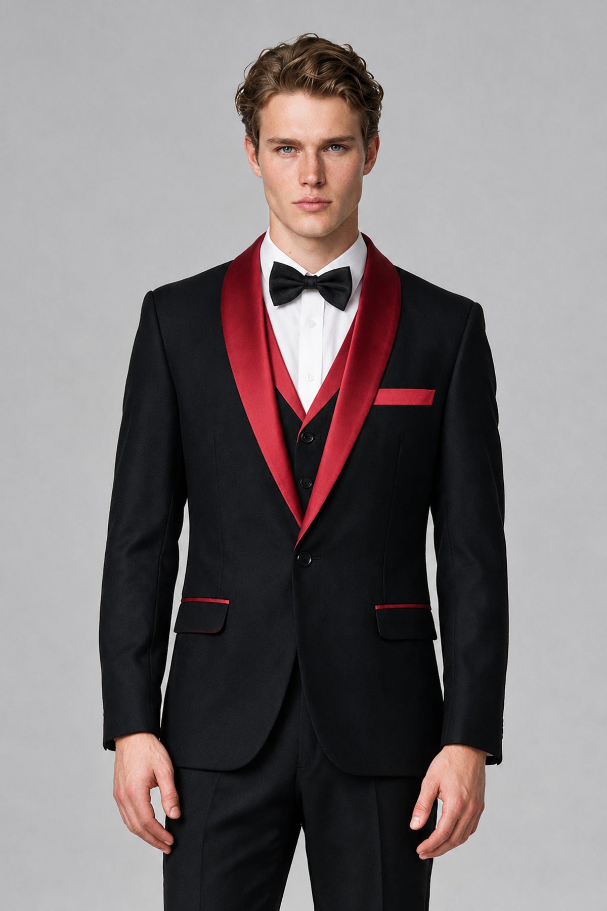 Bolodoo Men's Red 3-Piece Shawl Lapel Tuxedo Suit - Red - Red_1