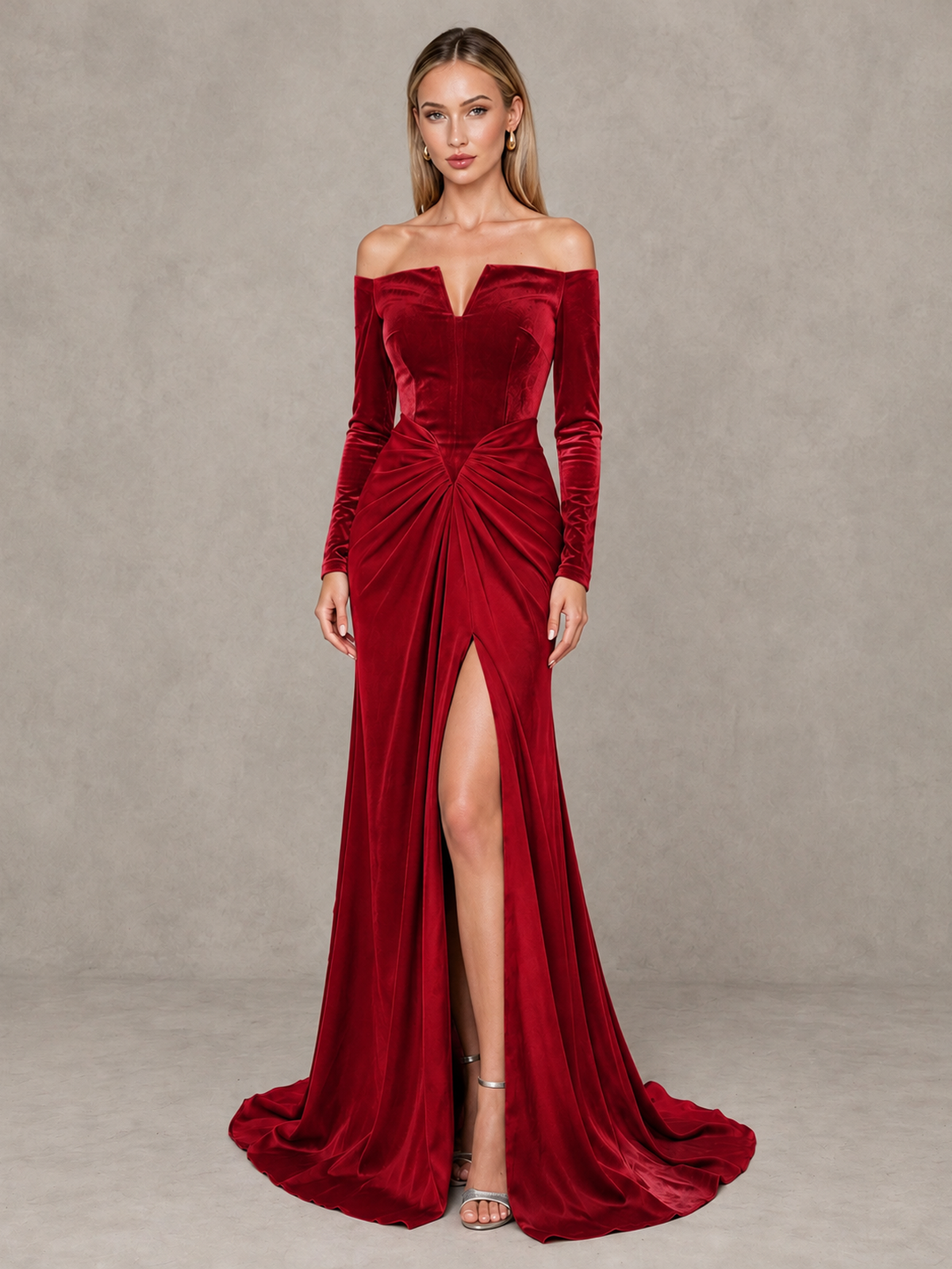 BOLODOO Red Off-Shoulder Velvet Evening Gown with High Slit - Red - Red_1