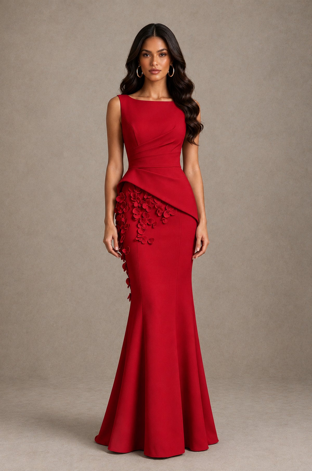 BOLODOO Red Bateau Neck Sleeveless Asymmetric Peplum 3D Petal Appliqué Mermaid Gown BD0421 - Red - Red_1
