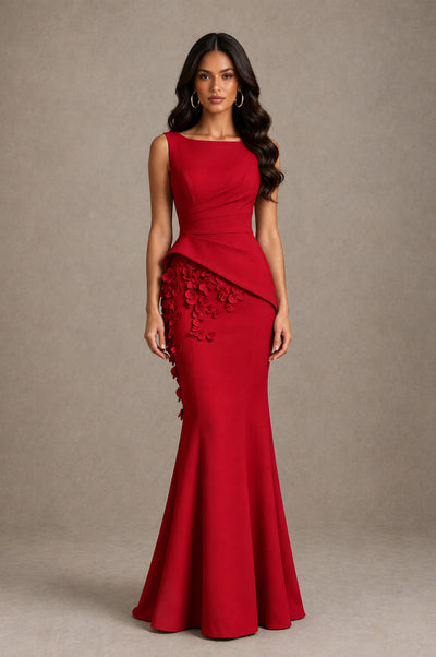 BOLODOO Red Bateau Neck Sleeveless Asymmetric Peplum 3D Petal Appliqué Mermaid Gown BD0421 - Red - Red_1