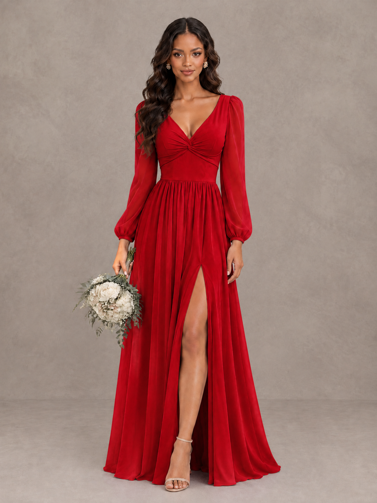 BOLODOO Red V-Neck Long Sleeve Bridesmaid Dress with Tie Back and Slit - Red - Red_1