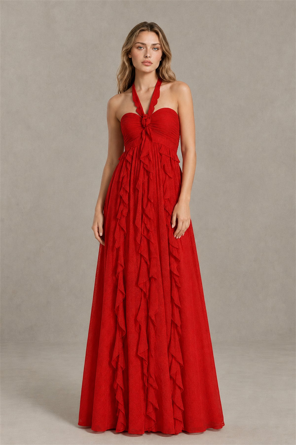 BOLODOO Red Halter Ruffle A-Line Floor-Length Evening Dress - Red - Red_1