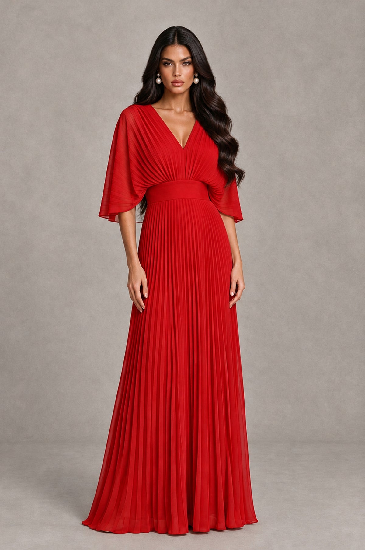 BOLODOO Red V-Neck Pleated Flutter Sleeve Formal Dress - Red - Red_1