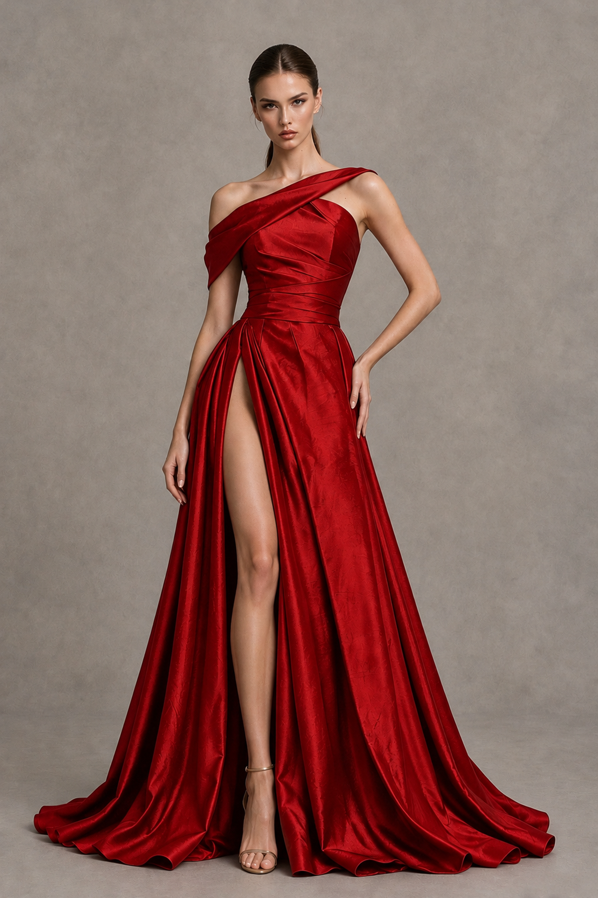 BOLODOO Red Asymmetric Satin-Look A-Line Prom Dress with High Slit - Red - Red_1