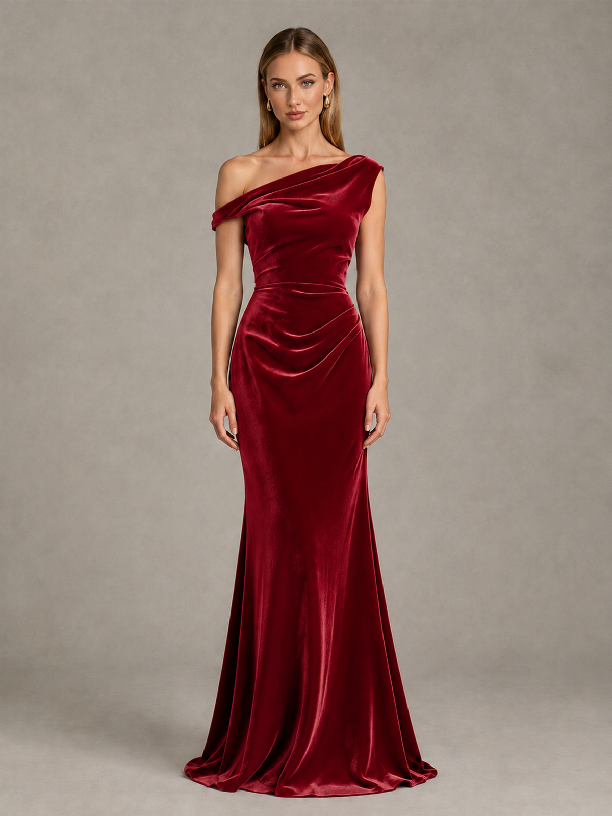 BOLODOO Red One-Shoulder Velvet Mermaid Evening Gown - Red - Red_1