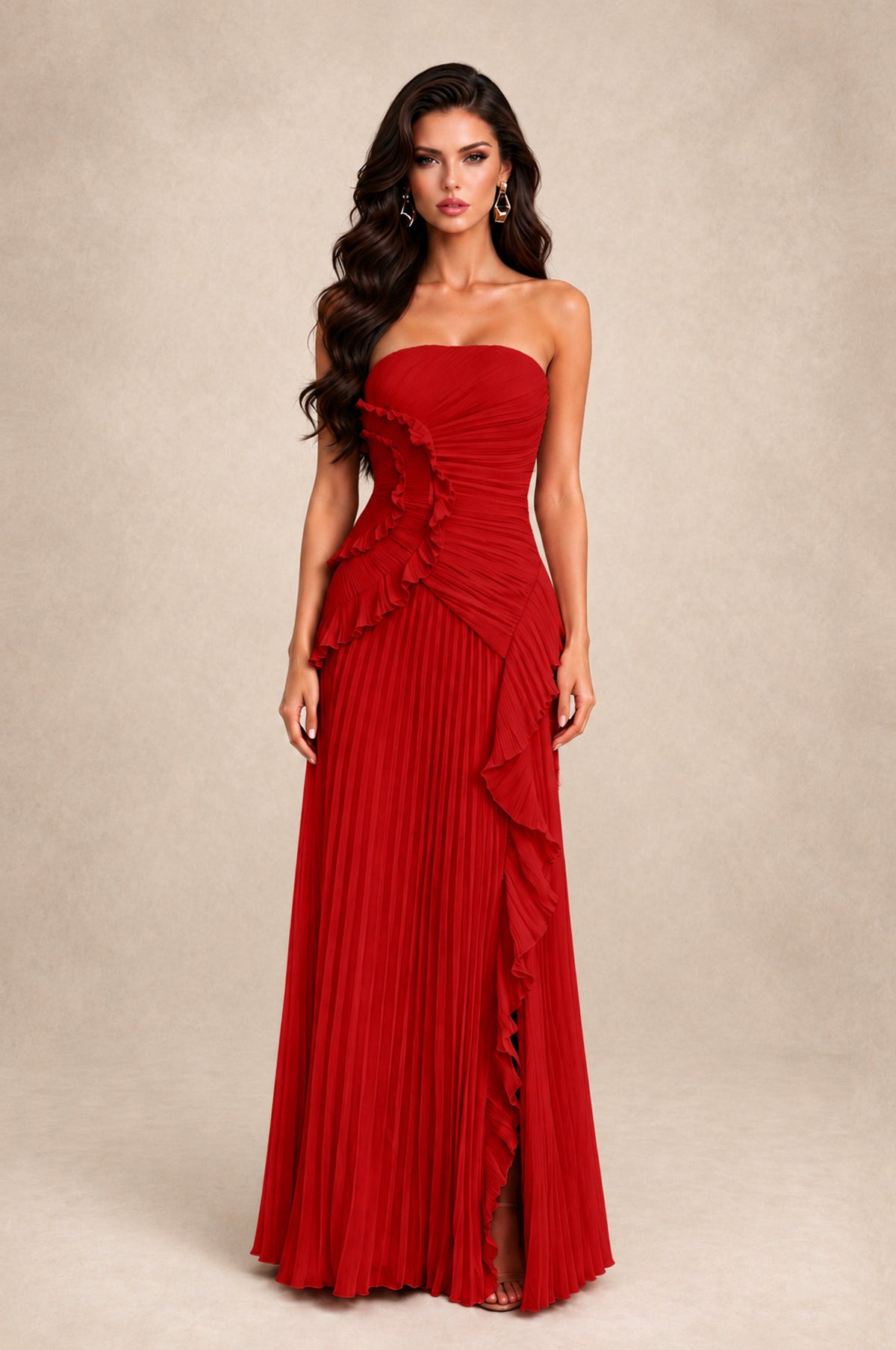 BOLODOO Red Strapless Ruffle Pleated Slit Evening Gown - Red - Red_1
