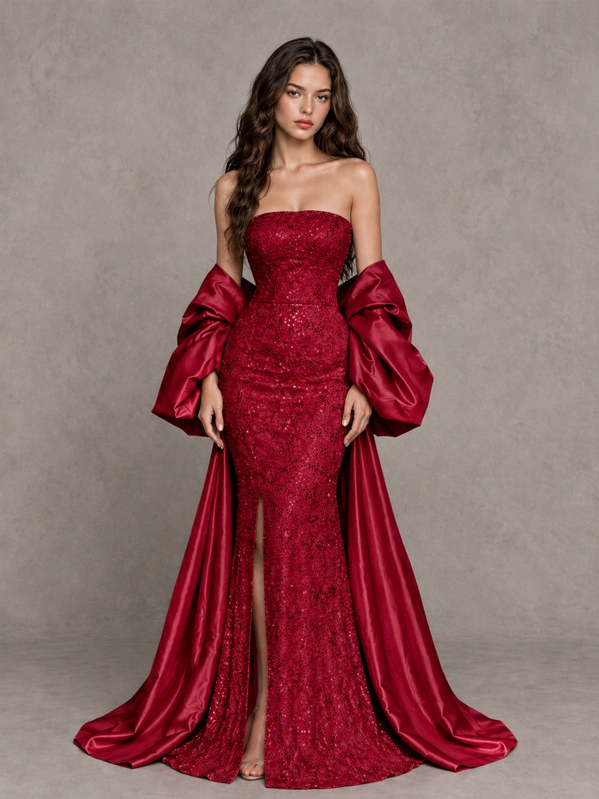 BOLODOO Red Strapless Sparkle Mermaid Prom Dress with Front Slit and Draped Sleeves - Red - Red_1