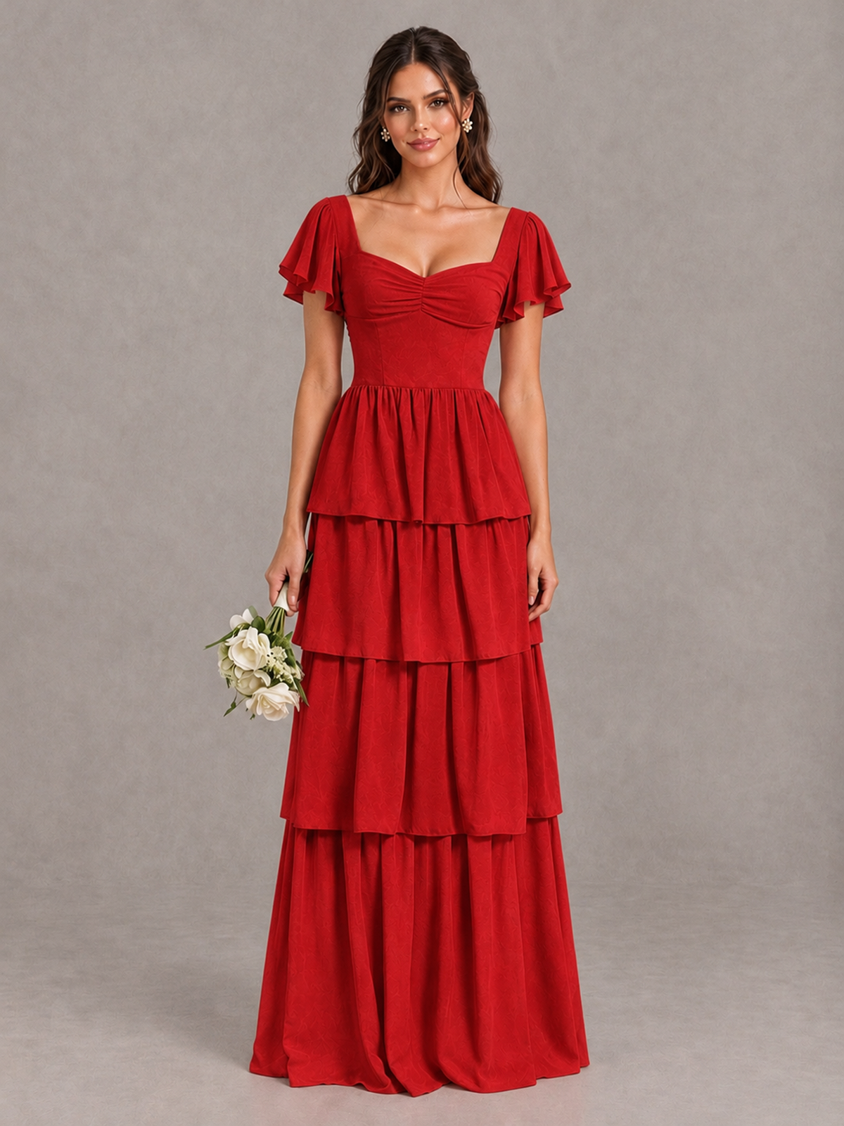 BOLODOO Red Flutter Sleeve Tiered Maxi Bridesmaid Dress - Red - Red_1