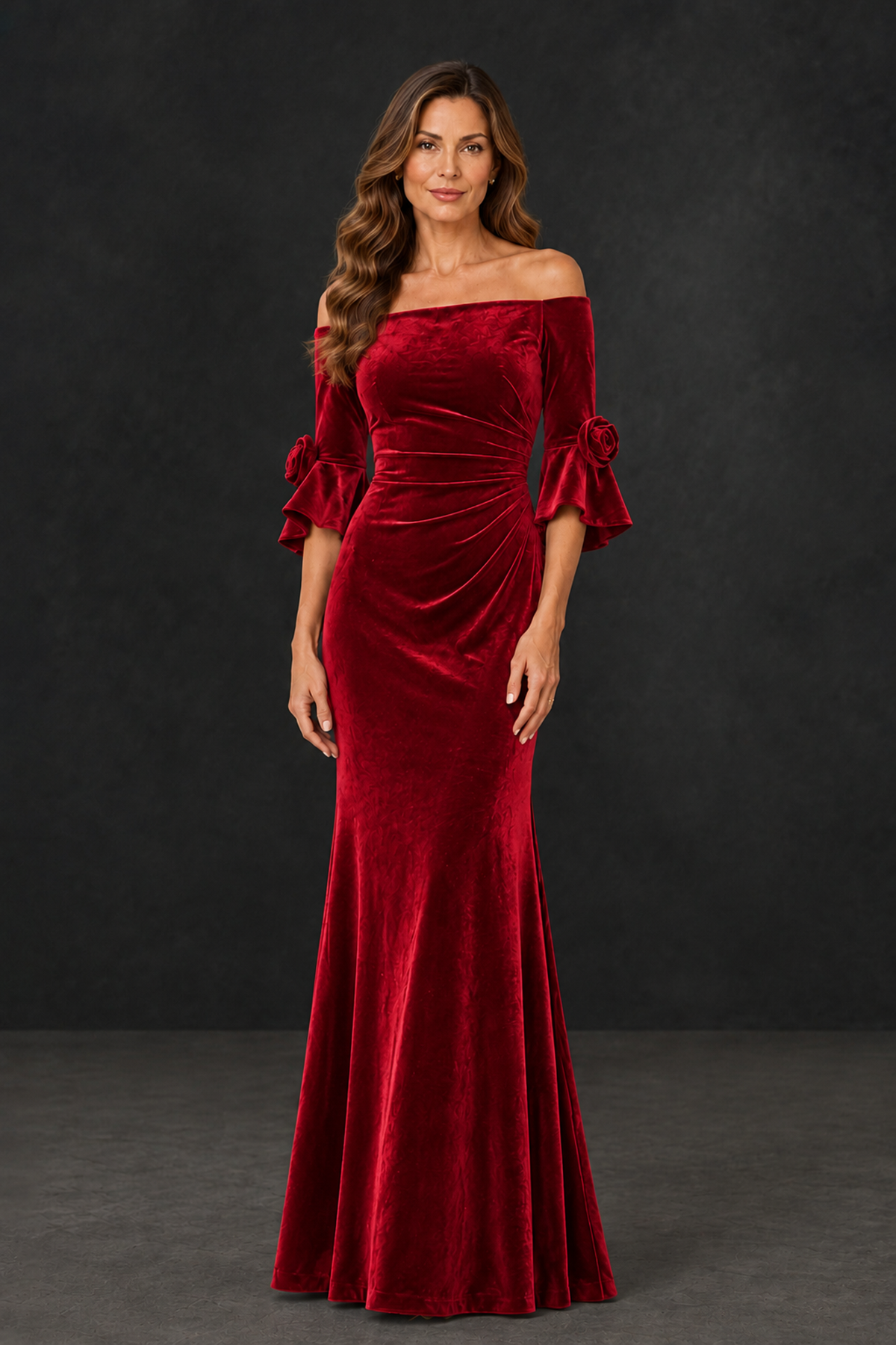BOLODOO Red Velvet Mother of the Bride Dress with Rosette Sleeves - Red - Red_1