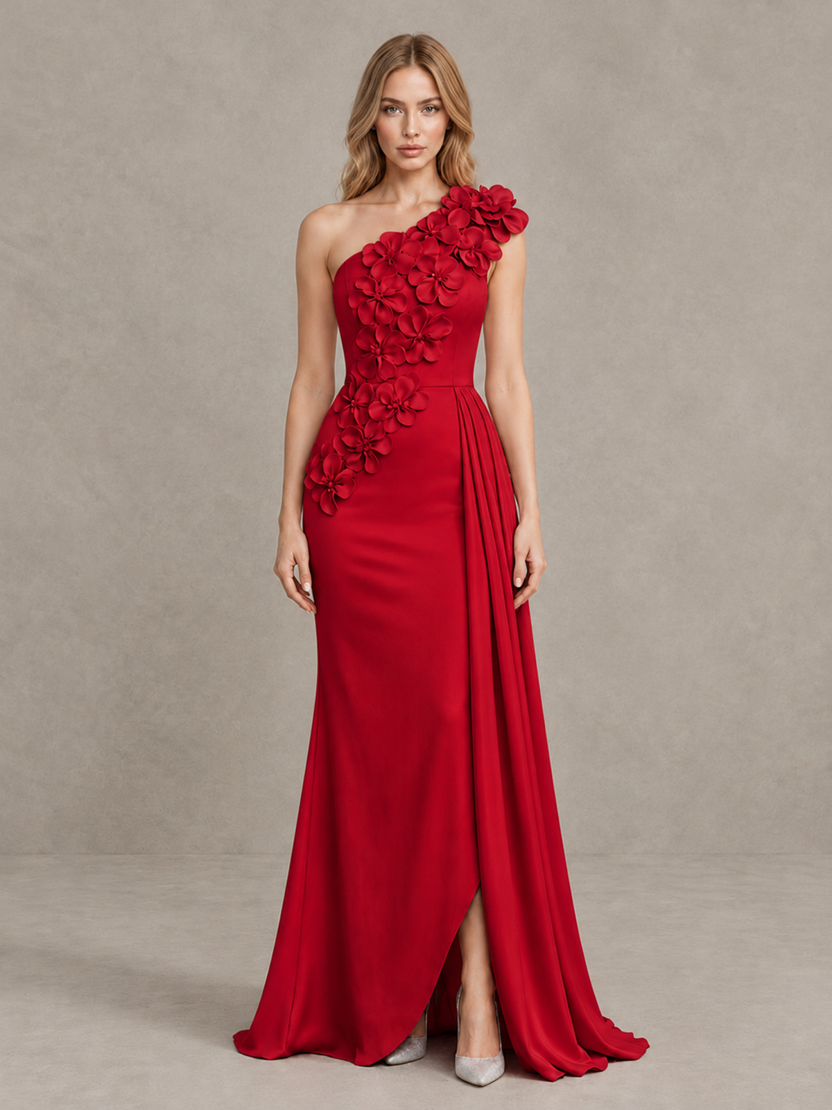 BOLODOO Red One-Shoulder Satin Mermaid Evening Gown with 3D Floral Appliqué - Red - Red_1